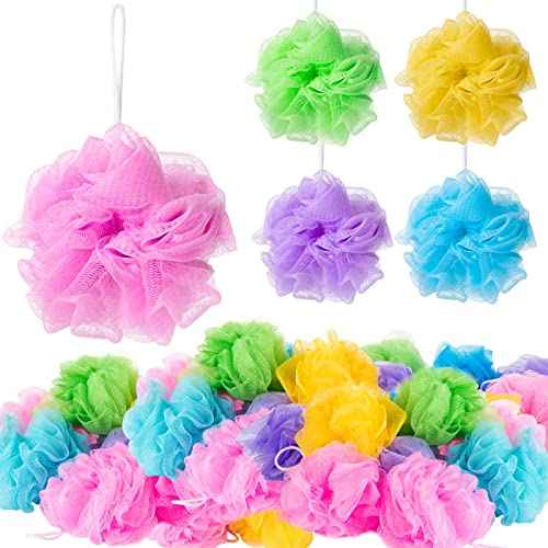 CHENGU 80 Pcs Loofah Bulk Sponge Bath Sponges for Shower Bath Luffa Bulk Pouf Shower Puff Wash Body Pouf Mesh Loofah Exfoliating Body Scrubber for Baby Women Men, 20g (Mixed Colors)