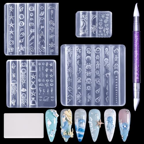 Laza 4-Piece 3D Ocean Silicone Nail Art Molds with Carving Pen & Scraper