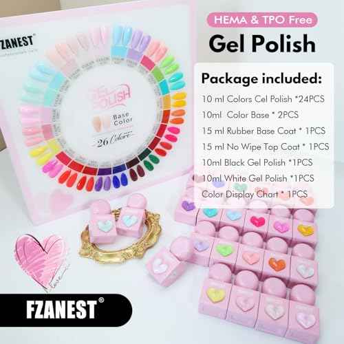 FZANEST Hema-free Gel Nail Polish Set, 30Pcs 10ml TPO-free Nude Pink Red Blue Green Yellow All Season Gel Polish Colors with Rubber Base Top Coat Soak Off UV LED Nail Gel Kit