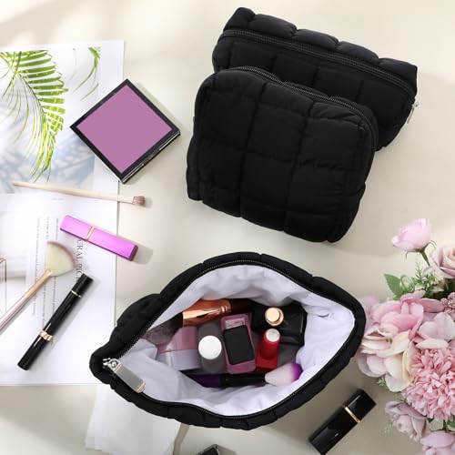 Huhumy 3-Piece Quilted Makeup Bag Set - Black Cosmetic Pouches