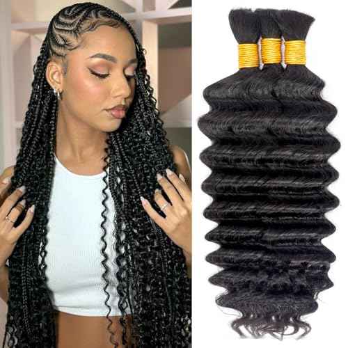 Human Braiding Hair for Boho Braids 3 Bundles 120g 20Inch Deep Wave Human Hair Braiding Hair 12A Brazilian Virgin No Weft Hair Extensions for Bohemian Knotless Braids Bulk Human Hair for Braiding