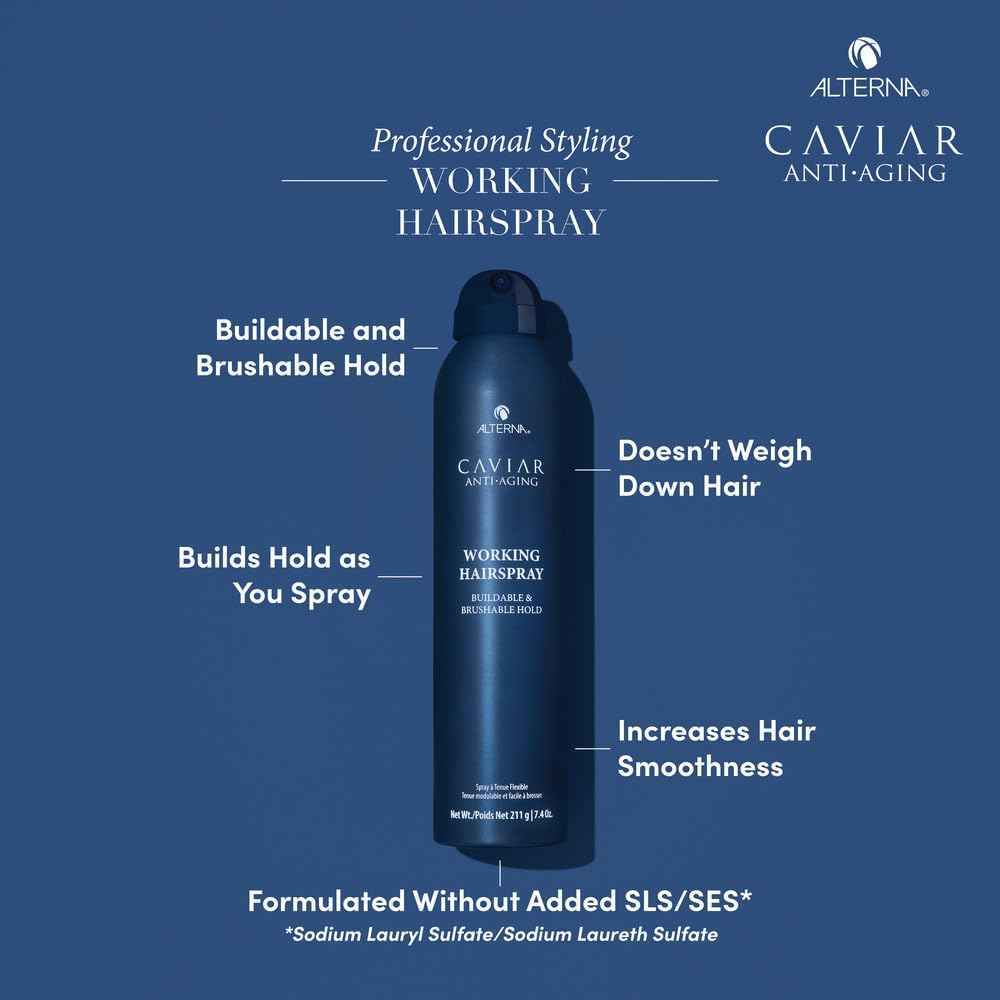 Alterna Caviar Anti-Aging Professional Styling Working Hair Spray | Ultra-dry, Brushable | Helps Control Frizz & Adds Shine | Sulfate Free | Nutmeg