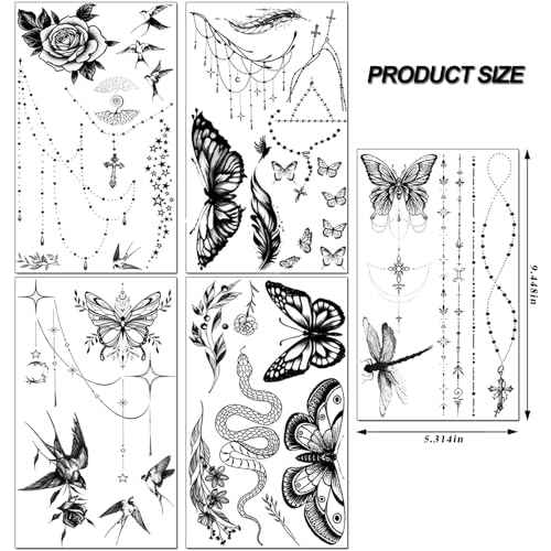 200+PCS Temporary Tattoos for Women, Waterproof Black Realistic Rose Hummingbird Necklace Tattoos Sketch Fake Tattoo for Women Body Art Arm Neck Hands Chest Neck Collarbone Spine Back