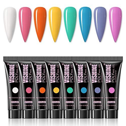 Vishine Poly Nail Extension Gel Kit - 8 Colors, 48W LED UV Lamp, Builder Gel, Slip Solution, Base Top Coat, Rhinestone Nail Manicure Beginner Starter Kit