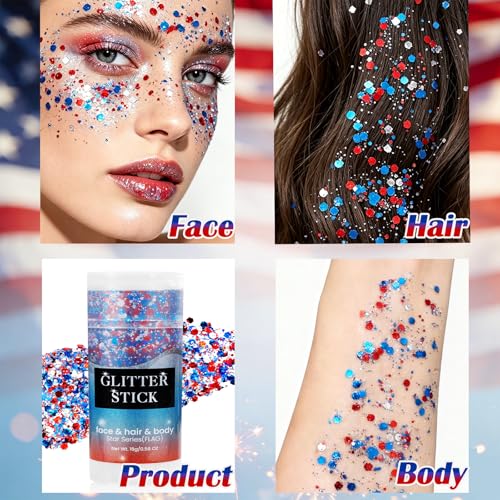 Patriotic Glitter Set - Red White Blue Glitter Stick & Face Tattoos