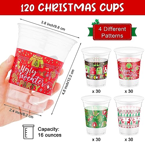 Kochorie 120 Pieces Christmas Sweater Plastic Cups 16 Oz Christmas Disposable Plastic Cups Xmas Tree Santa Reindeer Snow Drinking Cups for Christmas Party Supplies, Merry Christmas Party Decorations