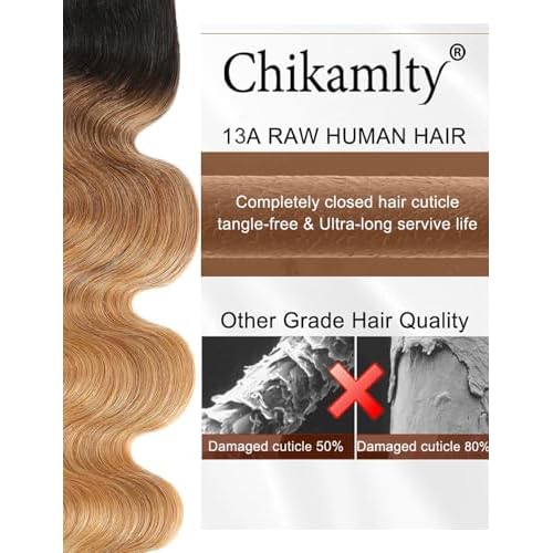 Ombre Bundles Human Hair, 13A Raw Indian Hair Bundles Body Wave, 14 Inch Colored Honey Blonde 1B27 Ombre Human Hair Bundles, 2 Years Service Life, Keep Texture Silky Soft Tangle-Free