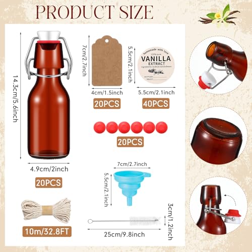 Vesici 20 Pack Amber 4 oz Swing Top Glass Bottles with Accessories for Vanilla Extract