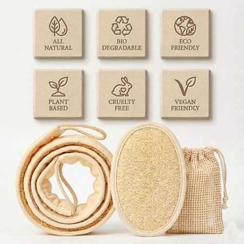 Natural Loofah Back Scrubber for Shower, Back Loofah for Women and Men, Exfoliating Loofah Sponge with Soap Bag, 3-pcs