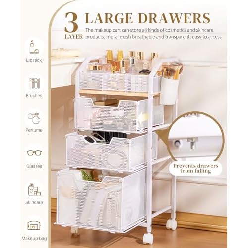 Homde Rolling Makeup Organizer with Drawers: Skincare Storage Cart with Wheels for Home Bedroom Vanity - Cosmetic Display Holder for Beauty Enthusiasts Makeup Artists