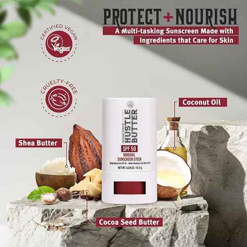 Hustle Butter Tattoo Aftercare Sunscreen Stick - Tattoo Sunscreen Stick, Fade Protection SPF 50, Hydrating with Shea Butter & Coconut Oil, TSA-Friendly, Water Resistant, Non-Greasy, 0.68 oz
