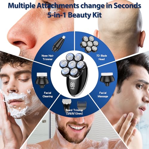 Premium 7D Head Shavers for Bald Men - 5-in-1 Detachable Electric Shaver with Floating Blades, Wet/Dry Waterproof Head Shaving Kit with USB Charging for Ultra-Smooth Shaving Experience