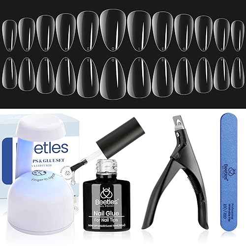 Beetles Gel Nail Kit Short Almond, 240Pcs Easy Nail Extension Set Shaped Clear Tips with 5 in 1 Nail Glue Base & Top Coat and Mini UV Lamp, Nail Tips Art Acrylic Nail Kit Gifts for Women