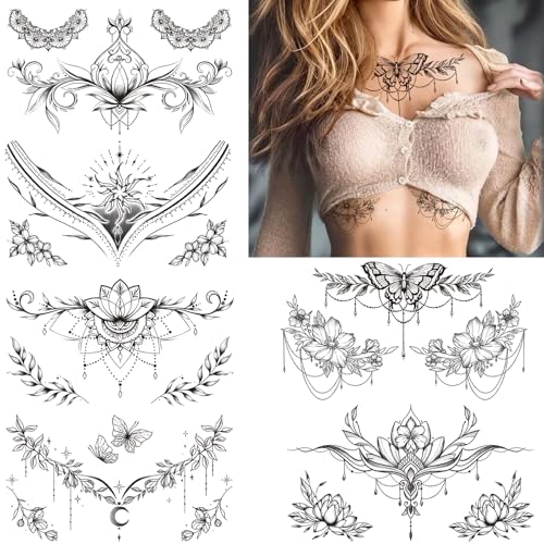 Black Flower Temporary Tattoos for Women - 10 Large Sheets