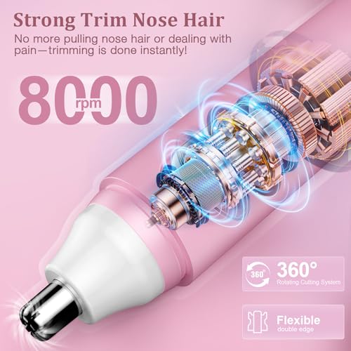 Nose Hair Trimmer for Women Rechargeable: 2024 Painless Rechargeable Nose Hair Trimmer IPX7 Waterproof, Dual Edge Blades Eyebrow & Facial Trimmer for Women for Easy Cleansing, Pink