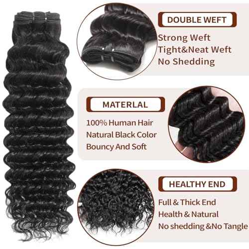 12A Deep Wave Bundles Human Hair 12 14 16 Inch Deep Wave Bundles 100% Unprocessed Brazilian Virgin Wet and Wavy Human Hair 3 Bundles Quick Weave Bundle for Women