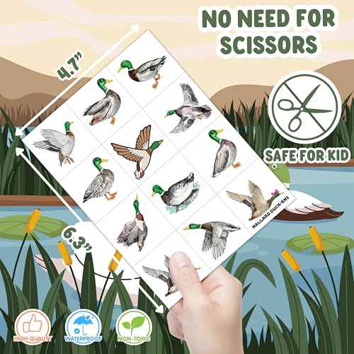 Generic 96 PCS Mallard Duck Birthday Party Decorations Party Favors Supplies Decor Cute Hunting Duck Temporary Tattoo Stickers Gifts for Kids Classroom Prizes Rewards, White, Grey