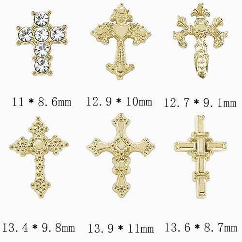 3D Cross Nail Charms for Nail Art, 60 Pcs Metal Crystal Cross Nail Decorations, Alloy Nail Studs and Rhinestones for Women Girl DIY Jewelry Crafts Supplies (Gold)