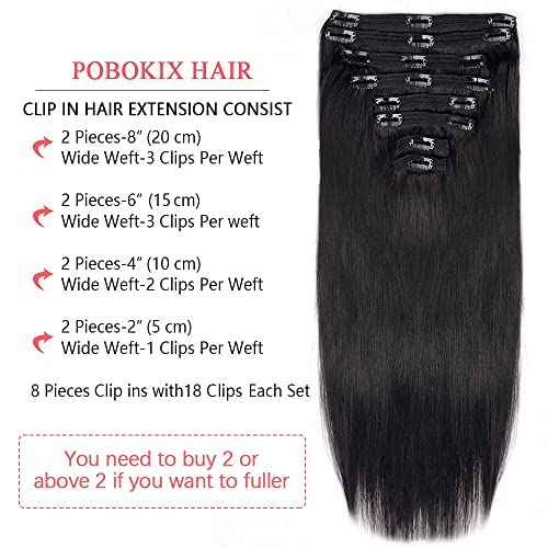 Straight Clip in Hair Extensions Real Human Hair 8Pcs Remy Human Hair Clip ins for Women, Natural Soft Human Hair, 120g 32inch #1B Natural Black