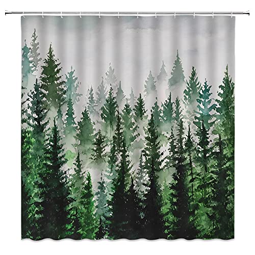 KDYDK Misty Forest Shower Curtain Winter Watercolor Pine Trees Forest Mist Fir Nature Landscape Christmas Snowflake Snowy Outdoor Fabric Bathroom Decor Curtain Set with Hook