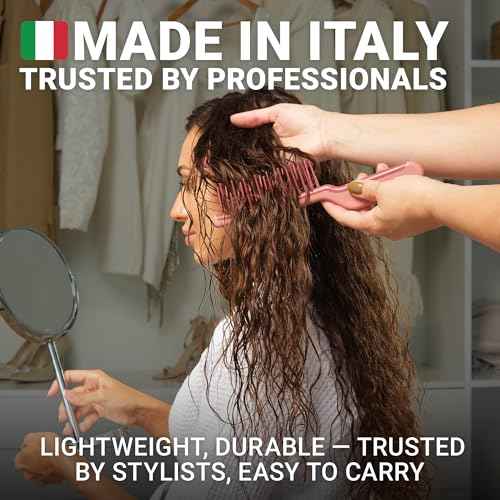 Janeke J-Brush Detangling Comb for Curly and Wavy Hair ? Wide Tooth J-Shape Brush for Wet and Dry Use ? Anti-Frizz, Lightweight and Gentle on Scalp ? Made in Italy Professional Styling Tool (Pink)