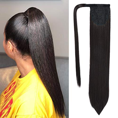 SEIKEA Clip in Ponytail Extension Wrap Around Long Straight Ponytail Natural Soft Synthetic Hairpiece for Women 28 Inch- Black Brown