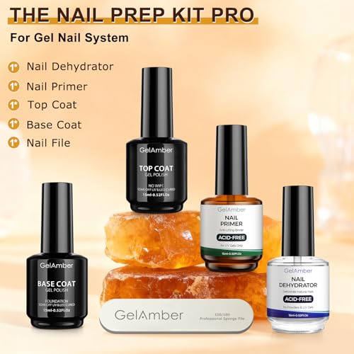 GELAMBER 4Pcs Nail Primer, Dehydrator, Base & Top Coat Set with Nail File – Gel Nail Supplies