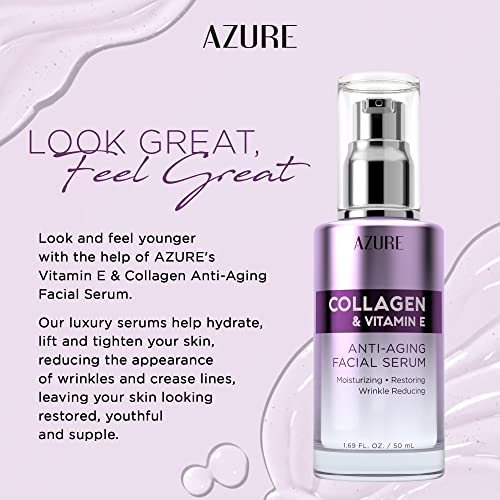 AZURE Collagen & Vitamin E Anti Aging Facial Serum - Restoring, Smoothing & Hydrating Face Serum - Reduces Fine Lines & Wrinkles, Repairs Dry, Tired & Dehydrated Skin - Skin Care Made in Korea - 50mL