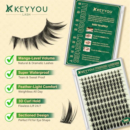KEYYOU Manga Lash Clusters - 144pcs D Curl 8-18mm DIY Eyelash Extensions