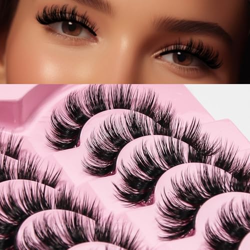 AKARA Russian Strip Lashes Fluffy Wispy Faux Mink Eyelashes Cat Eye Natural Look D Curl False Lashes 7 Pairs Pack-R07