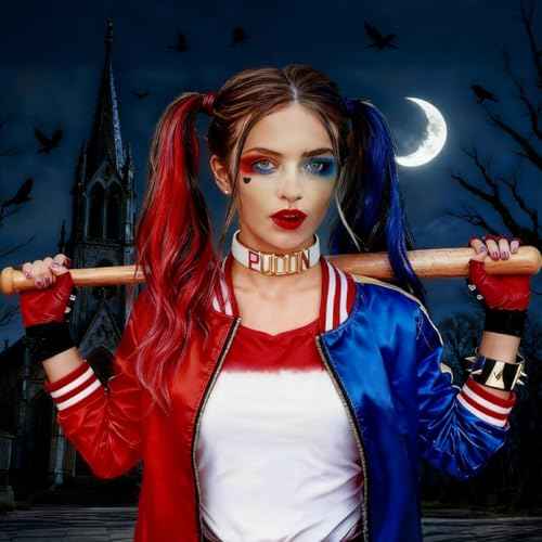 Mysense Halloween Costume Accessories for Adult Women Girls Kids Cosplay Makeup, Red and Blue Clip in Hair Extensions + Face Body Paint Stick + Black Liquid Eyeliner Stamp Makeup Kit