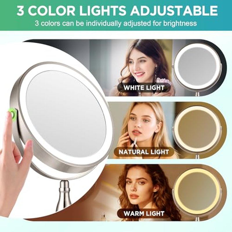 20x Magnifying Mirror with Light, 5000mAh Lighted Makeup Mirror with 3 Color Modes and Adjustable Brightness, Side Charging Port & SideTouch Sensor, 360¡Æ Rotation -Brushed Nickel
