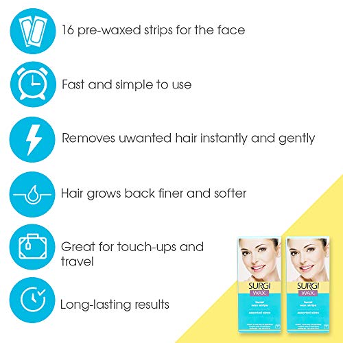 Surgiwax Facial Wax Strips, Ready-to-Use Facial Hair Removal for Women, Unwanted Hair Remover, Includes Soothing Gel, 2-Pack