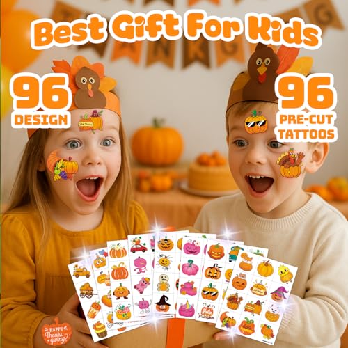 96 PCS Thanksgiving Fall Temporary Tattoos for Kids