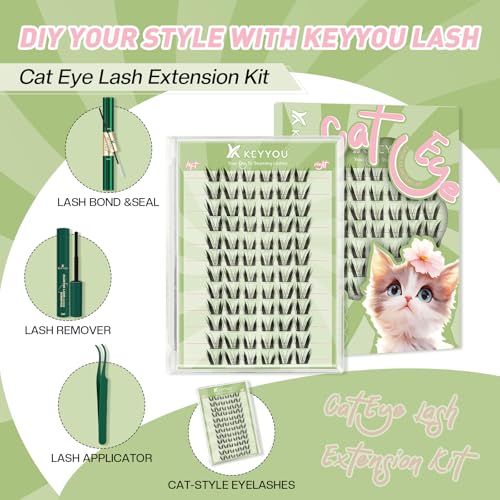 KEYYOU Bunny Lash Clusters Kit Anime Cat Lash Clusters 72pcs Wispy Natural Cat style Lash Extension Kit with Bond and Seal,Applicators,Remover for Manga DIY Eyelash Extension Kit at Home£¨MC03£©