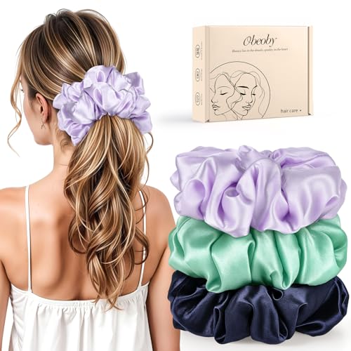Oversized Satin Scrunchies for Thick Curly Hair - No-Crease Hair Ties (3 Pack)