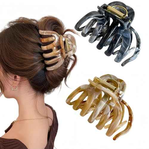 FRDTLUTHW 2PCS 3.74Inch Large Cellulose Acetate Octopus Hair Claw Clips for Women,Jumbo Tortoise Shell Hair Clamps for Thin Thick Hair,Non-slip Strong Hold Jaw Barrettes,Hair Accessories for Styling