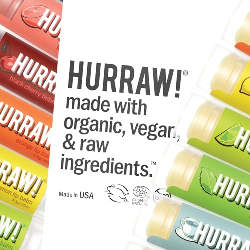 Hurraw! Lip Balms Staff Favorites, 6 Balm Bundle Pack: Black Cherry Tinted (Sheer Red Tint), Orange, Lemon, Mint, Earl Grey, Raspberry Tinted (Sheer Berry Tint) - Organic, Certified Vegan and All-Natural. Bee, Shea, Soy & Palm Free. Made in USA