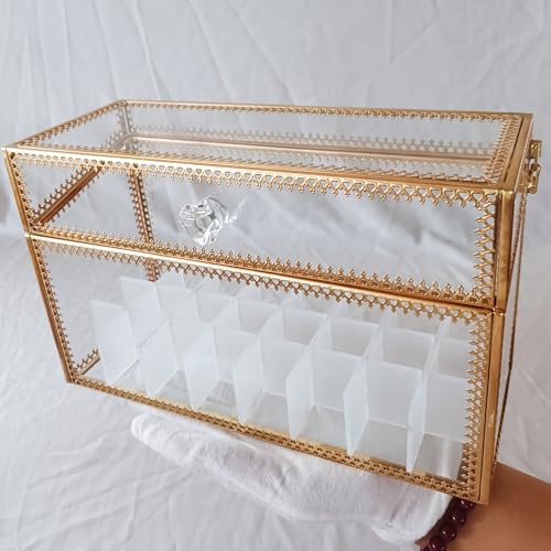 HighFree 24 Slots Glass Lipstick Organizer - Gold Vintage Transparent Display Box With Lid & Removable Dividers for Lip Gloss