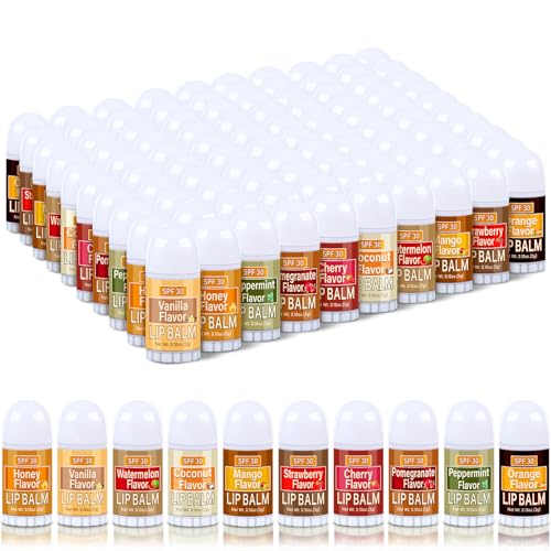 100 Pcs Mini Lip Balms Gift Bulk Assorted Lip Balms Sticks Spf 30 with Sunscreen Lips Care Bag Stuffers Employee Appreciation Gifts Bulk for Staff Teacher Wedding Baby Shower Party Favors