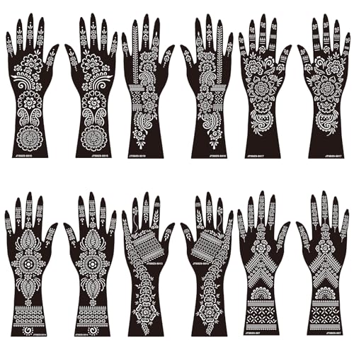12 Sheets Henna Stencil Kit Arm Hand Henna Tattoo Template Temporary Indian Arabian Glitter Airbrush Tattoo Stickers