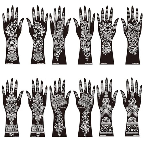 12 Sheets Henna Stencil Kit Arm Hand Henna Tattoo Template Temporary Indian Arabian Glitter Airbrush Tattoo Stickers