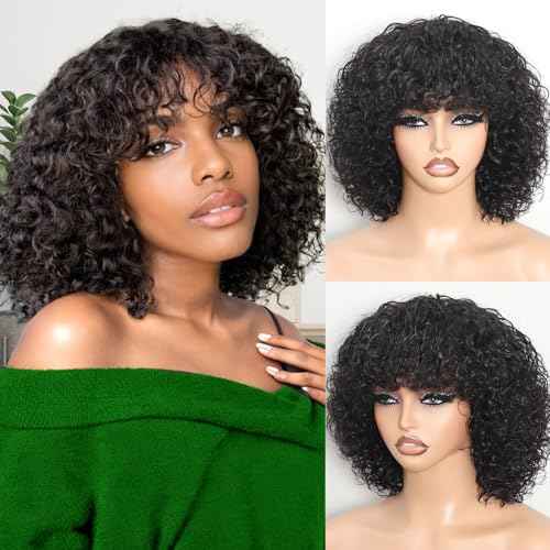 Short Curly Wig With Bangs Human Hair Curly Human Hair Wig With Bangs For Women Glueless 250% Density Water Wave Human Hair Wig With Bangs Natural Black 12Inch