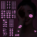 UV Neon Temporary Tattoos 170 Pieces Pink Heart Shaped Shimmer Designs Love Glow In The Dark Tattoos Stickers Flash Fake Waterproof Tattoos for Women Men Body Face Art