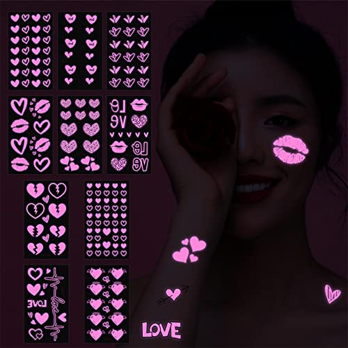 UV Neon Temporary Tattoos 170 Pieces Pink Heart Shaped Shimmer Designs Love Glow In The Dark Tattoos Stickers Flash Fake Waterproof Tattoos for Women Men Body Face Art