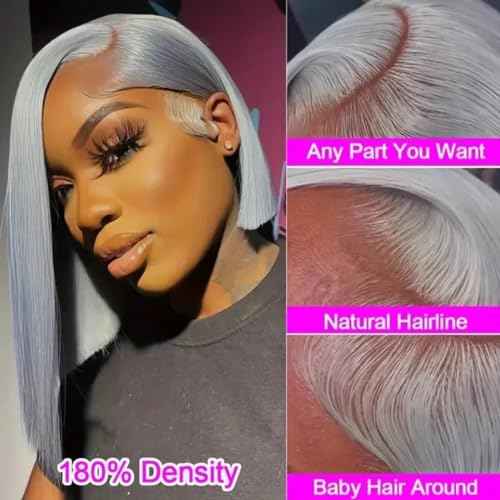 Ubetta Grey Bob Wig Human Hair 13x4 Lace Front Wigs for Black Women Glueless Bob Wigs Human Hair Pre Plucked Silver Grey Lace Front Wigs 12 Inch 180% Density Slightly Bleach Knots