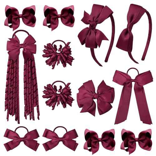 DEEKA Burgundy School Hair Accessories Set 13 Pcs Uniform Hair Bow Headband Clips Hair Ties Curly Korker Bows for Little Toddler School Girls (Burgundy)