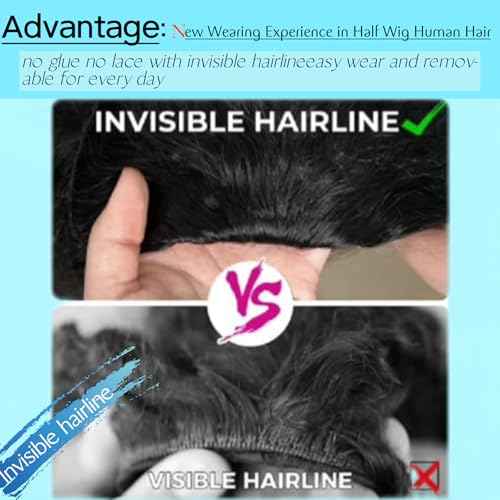 Kinky Curly Half Wig Human Hair Drawstring Seamless Flip Over Half Curly Wig Human Hair Invisible Hairline Glueless Wear and Go Wigs For Black Women Beginner Friendly 22Inch 200% Density