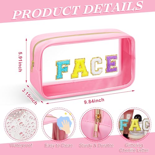 Abbylike 6 Pcs Large Chenille Letter Cosmetic Bag Preppy Patch PVC Nylon Makeup Bag Portable Glitter Clear Cosmetic Bags with Zipper Travel Toiletry Storage Stuff Pouch for Women