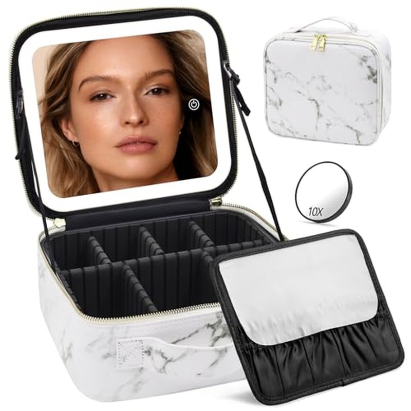 Makeup Bag with Mirror and Light, Makeup Case with Lighted Mirror, Travel Makeup Bag with Light up Mirror 3 Color Lights, Makeup Organizer Bag with Adjustable Dividers & Brush Holder(Marble)